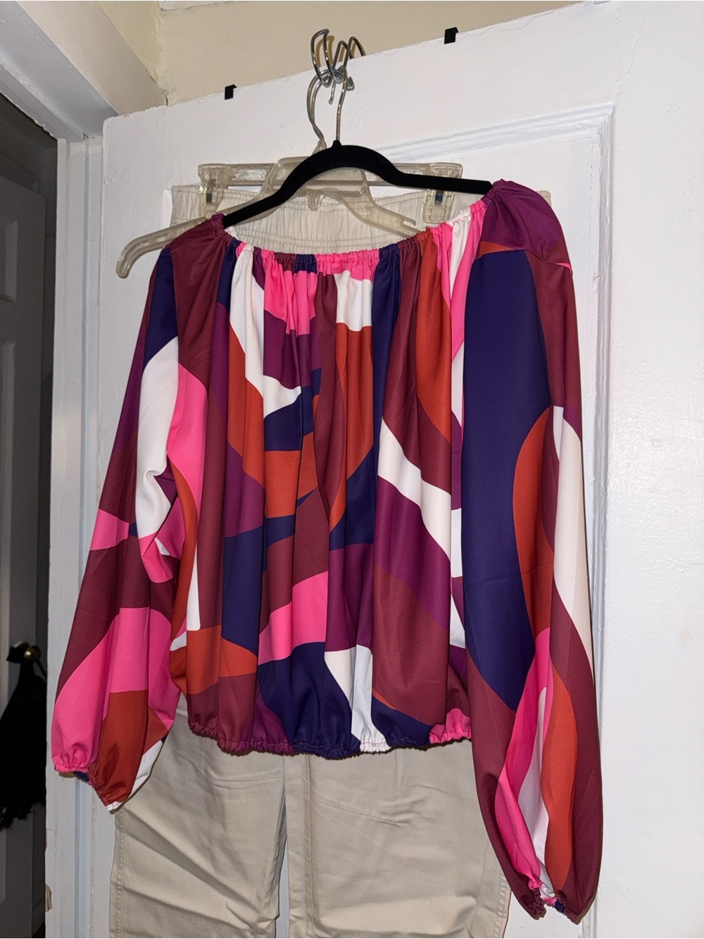 Women’s Off-Shoulder Abstract Print Blouse - Pink Multi